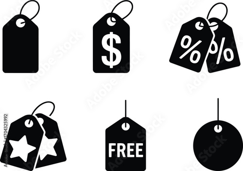 Collection of Six Diverse Price Tag Icons Showcasing Dollar Sign Percentage Free and Star Symbols Depicting Retail Value