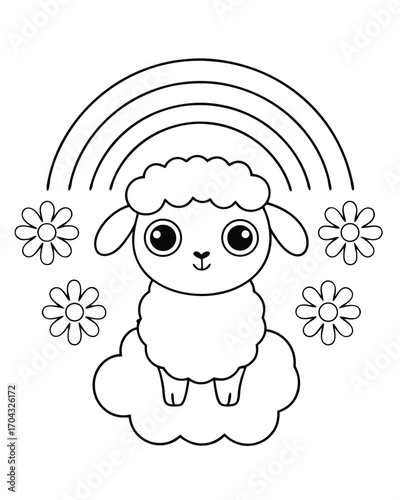 Cute sheep with rainbow and flowers lamb cloud