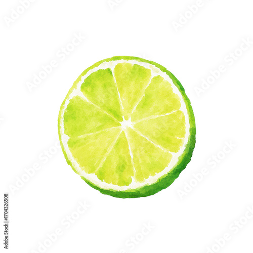 Vibrant watercolor lime slice illustration on black background, cut out