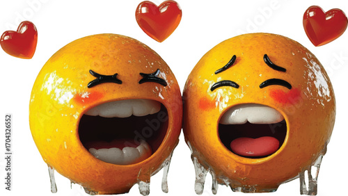 Two anthropomorphic oranges with open mouths, crying tears of joy and red hearts on a white background