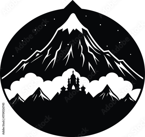 Mountain Peak Silhouette with Castle and Clouds in a Night Sky on white background