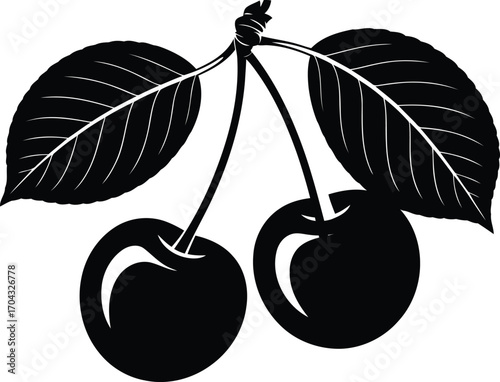 Elegant Black and White Illustration of Two Cherries with Leaves A Simple Yet Captivating Display of Nature's Beauty