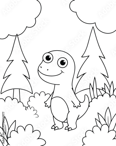 Happy cartoon t rex dinosaur standing in nature cute