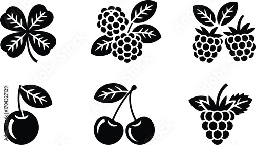 Silhouette Illustrations Depicting Lucky Clover Blackberry Raspberry Cherry and Grape Plants Fresh Healthy and Natural Organic Fruits and Plants
