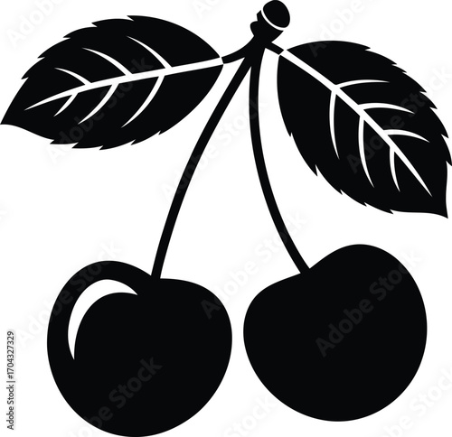 A Delightful Pair of Cherries Featuring Dark Solid Silhouettes and Lush Leaves a Bold and Visually Appealing Design