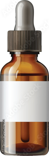 Amber Glass Dropper Bottle With White Label And Silver Cap Keywords: bottle, dropper, glass, amber, brown, liquid, serum, oil, medicine, pharmaceutical