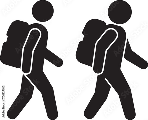 Two backpackers walking side by side silhouette