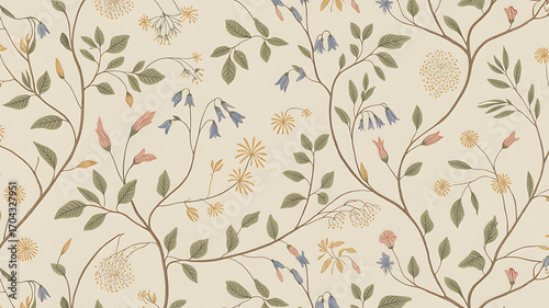 Delicate botanical pattern with soft pastel wildflowers and leaves on a cream background