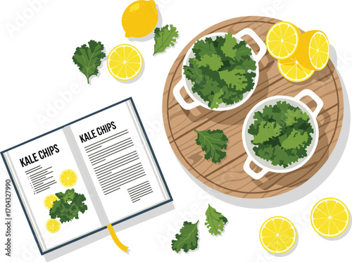 Kale Chips with Wooden Tray and Healthy Lifestyle Props – Vector Illustration