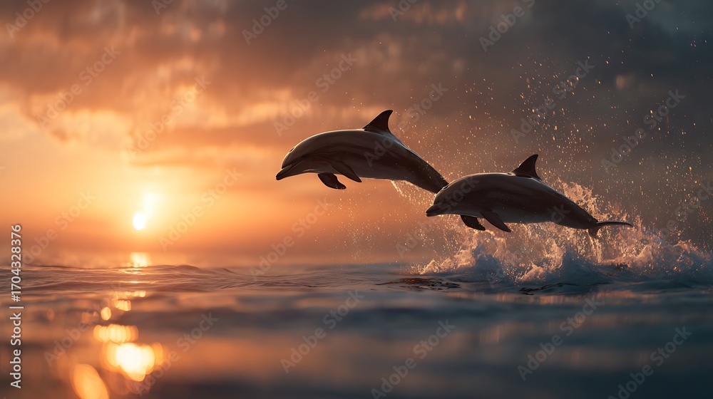 Naklejka premium Dolphin jumping ocean sunset scenic wildlife marine animal aquatic mammal nature sea travel adventure photography