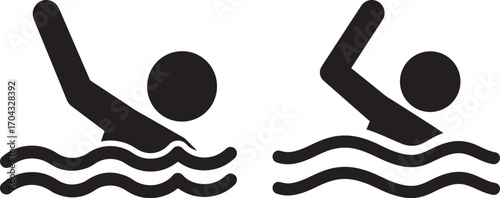 Two black silhouette swimmers in wavy water