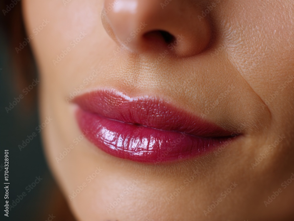 Fototapeta premium Close-up portrait of a woman with well-defined lips and pores, wearing red lipstick