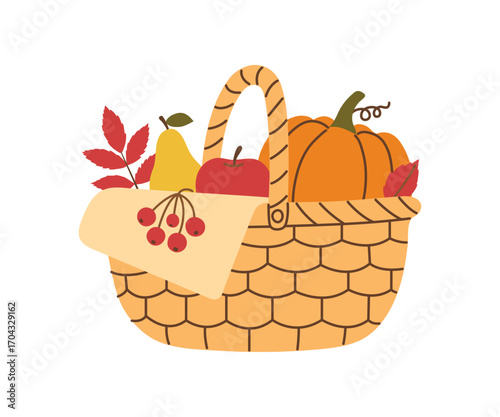 Wicker basket with food pumpkin, pear, apple and berries. Autumn harvest festival design element for greeting card and party invitation. Vector flat illustration