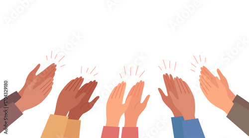 Hands clap, applause and appreciate multicultural group of people. Congratulations, support, thanksgiving, feedback. Vector illustration