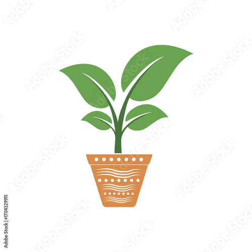 Stylized green plant growing in a simple ceramic pot perfect for home decor and gardening themes