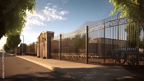 Architectural metal gate with ornate detailing along a residential street under sunny skies
