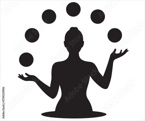 Silhouette of woman juggling balls in circus performance art