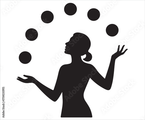 Silhouette of woman juggling balls in balance concept illustration representing multitasking circus performance entertainment show skill talent coordination success control harmony