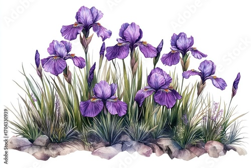 Beautiful purple iris flowers in a garden, isolated against a transparent backdrop