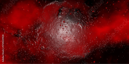 Intense abstract background in vibrant red hues with a textured, liquid-like surface and scattered droplets, evoking a sense of energy or biological processes