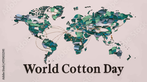 Vector art of world cotton day depicted as a world map collage made of green and blue cotton pieces, with text below