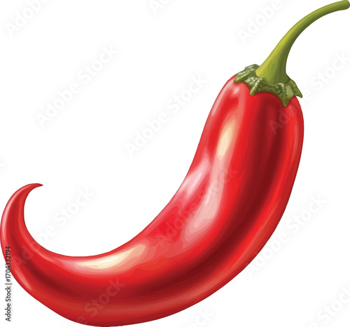 Glossy Red Chili Pepper with Green Stem and Leafy Top on White Background red pepper hot pepper