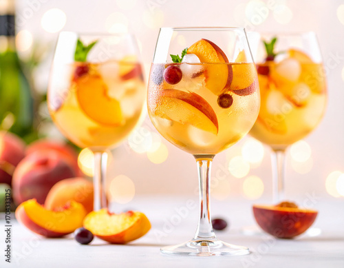 Refreshing Peach Sangria in Wine Glasses with Mint and Grapes on a Bright Background