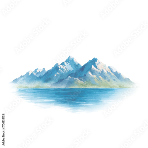 Serene watercolor mountain landscape reflected in tranquil lake, cut out