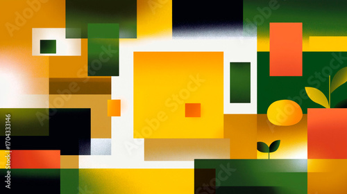 Abstract geometric composition with colorful blocks, gradients, and organic shapes symbolizing growth and nature in modern style