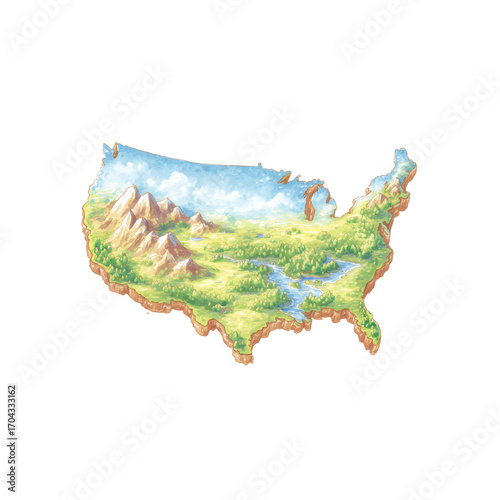 Illustrated map of the united states with mountains and rivers, cut out