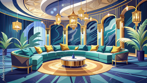 Luxurious lounge with marble flooring, curved sectional sofa, golden accents, and soft ambient lighting, exuding timeless elegance and refined taste.