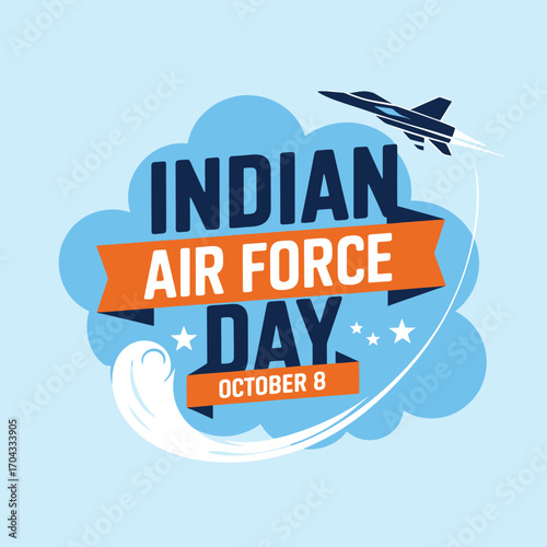 Vector art of indian air force day october 8th celebration with fighter jet and clouds graphic