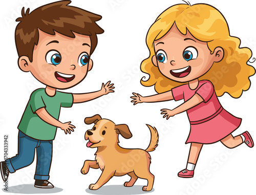 Two happy kids playing with a cheerful brown dog, children running and having fun outdoors, joyful pet interaction, childhood playtime, friendship and laughter