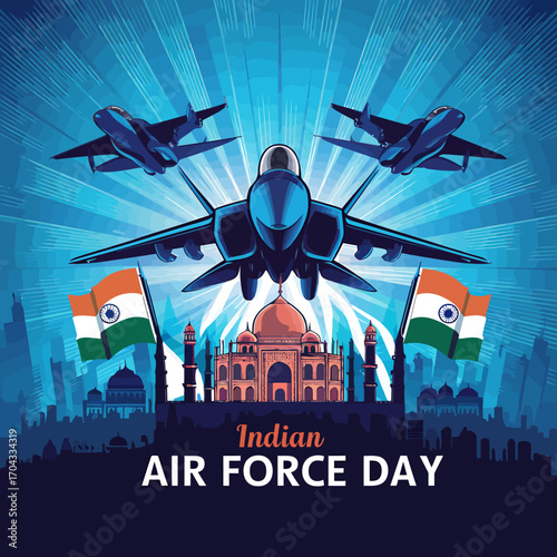 Vector art of indian air force day celebration with fighter jets flying over taj mahal and indian flags waving in the background