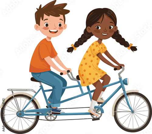 Happy boy and girl riding a tandem bicycle together, children enjoying outdoor activity, teamwork and friendship, kids having fun biking, healthy lifestyle, summer fun, playful childhood moments,
