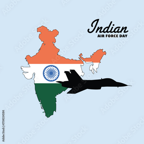 Vector art of indian air force day celebrated with a silhouette of a fighter jet flying over the map of india, symbolizing national pride and defense