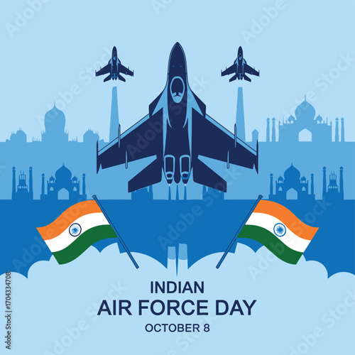 Vector art of indian air force day celebration with fighter jets, indian flags, and iconic indian architecture silhouette in the background