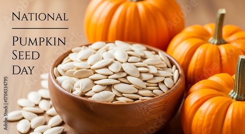 Celebrate national pumpkin seed day with pumpkins and seeds in a bowl