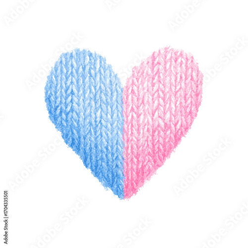 Handcrafted half-blue half-pink knitted heart artwork, cut out