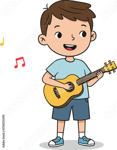 Happy boy playing acoustic guitar, smiling child enjoying music, kid musician practicing guitar, young boy strumming strings, joyful music learning moment