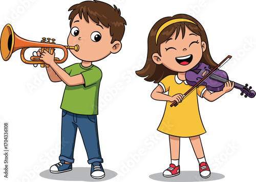 Happy boy playing trumpet and smiling girl playing violin, children enjoying music, kids having fun with musical instruments, young musicians practicing, joyful band
