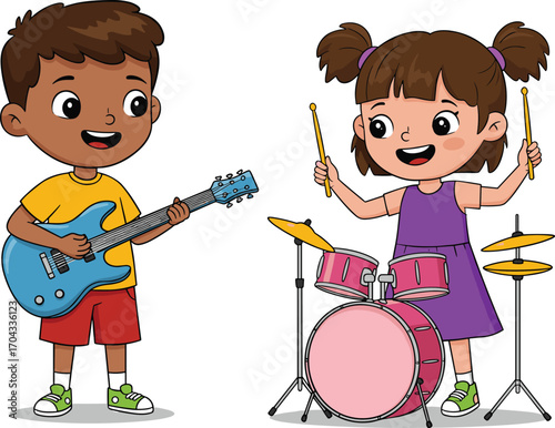 Happy boy playing electric guitar and girl playing drums, kids enjoying music, children having fun with musical instruments, joyful band practice, young musicians