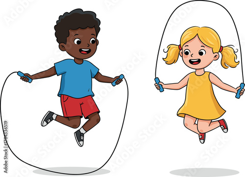 Happy boy and girl jumping rope together, kids playing outdoors, cheerful children exercising, active kids having fun, healthy children skipping rope