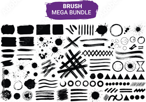 Large Set of Black Ink Design Elements: Brush Strokes, Splatters, Drips, and Geometric Shapes. Hand-Painted Grunge Vector Kit