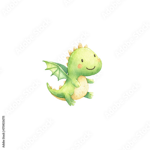 Cute green dragon illustration with wings and spikes in adorable cartoon style, cut out