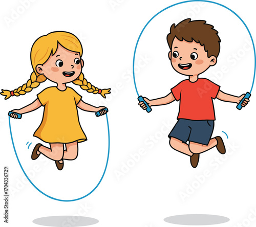 Happy boy and girl jumping rope together, kids playing actively, cheerful children exercising outdoors, healthy kids having fun, childhood physical activity, joyful skipping