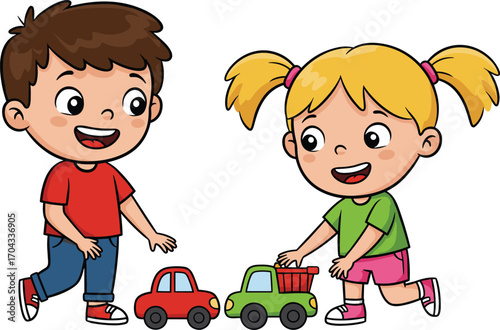 Happy children playing with toy cars, smiling boy and girl having fun together, kids enjoying indoor playtime, cheerful kids sharing toys, diverse children playing with colorful cars