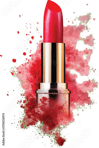 Red Lipstick with Gold and Silver Accents Amidst Red Powder Splash makeup beauty