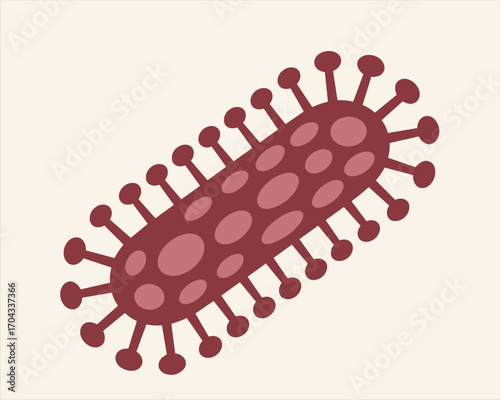 Cartoon red virus illustration, flat style microbe, bacterial infection icon, science concept, medical germ, biology pathogen art