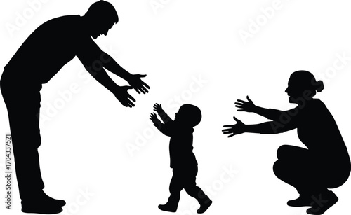 family silhouettes, baby first steps, parents reaching, toddler walking, black vector illustration, white background, nurturing moment, father mother child,
